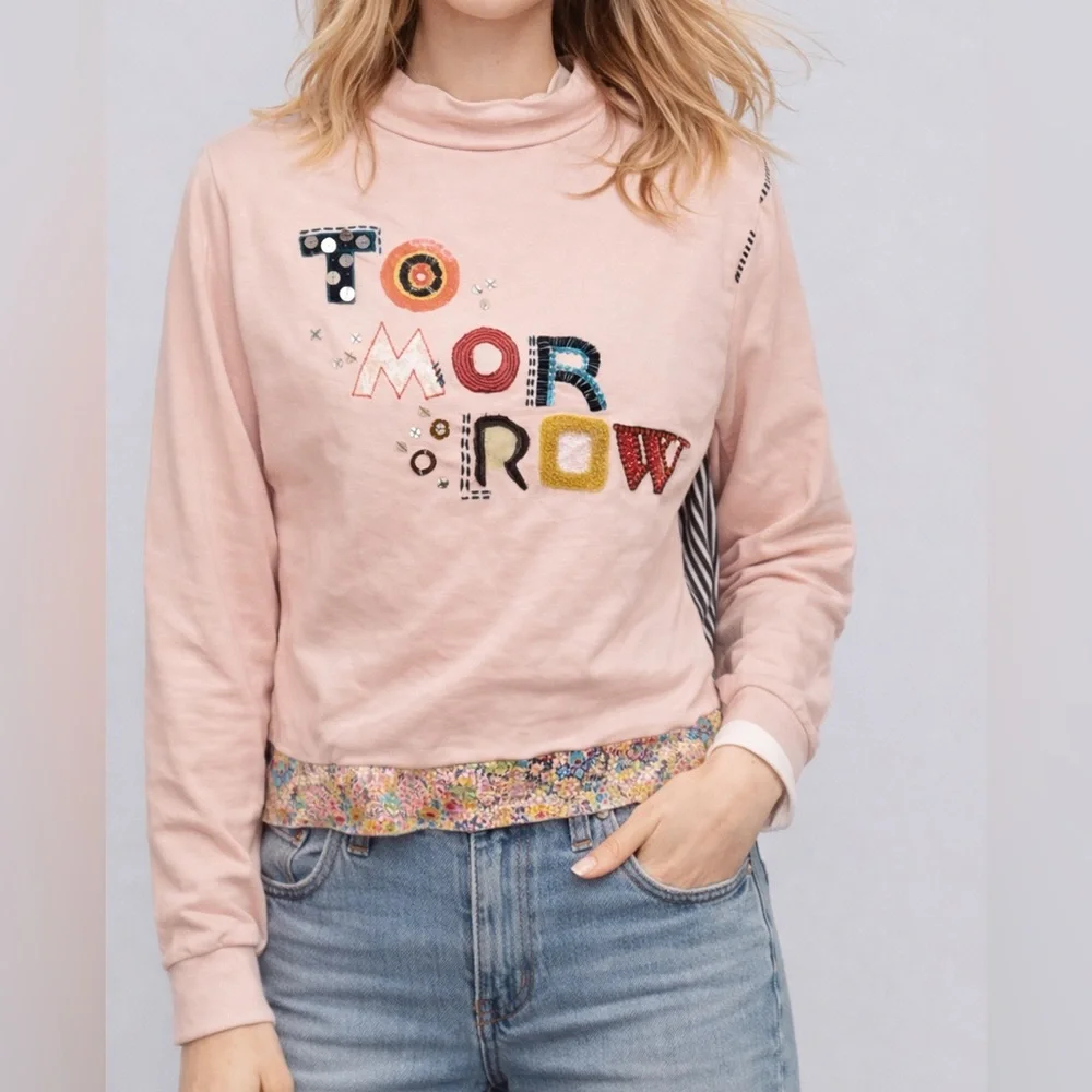 Rare Anthropologie mock neck Tomorrow Sweatshirt Embroidered Size: Small - Picture 2 of 7